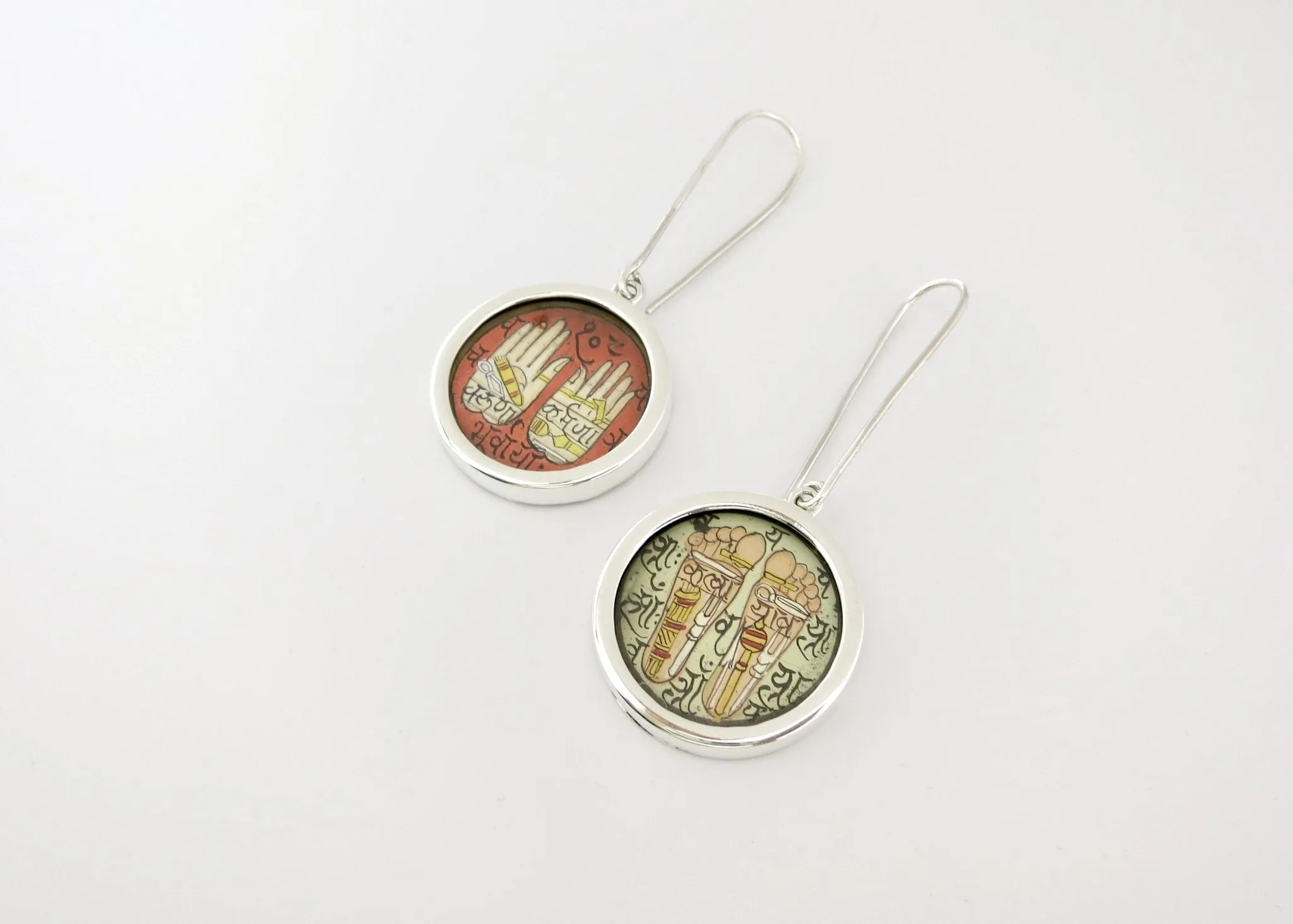 Mystical, asymmetrical, Hands and Feet Tantric art earrings