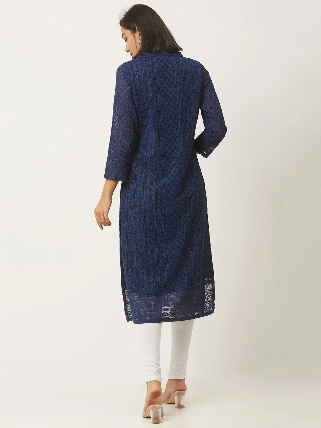Navy Blue Chikankari Kurta - Paisley Embroidered Georgette Kurta For Women - ZOLA