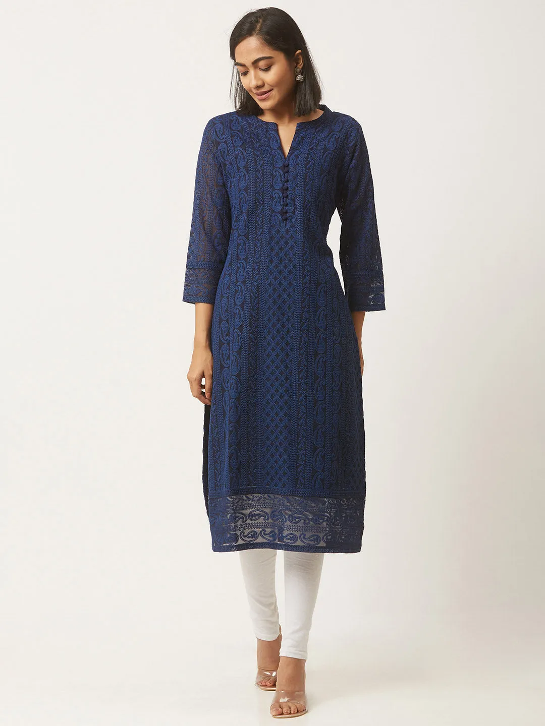 Navy Blue Chikankari Kurta - Paisley Embroidered Georgette Kurta For Women - ZOLA