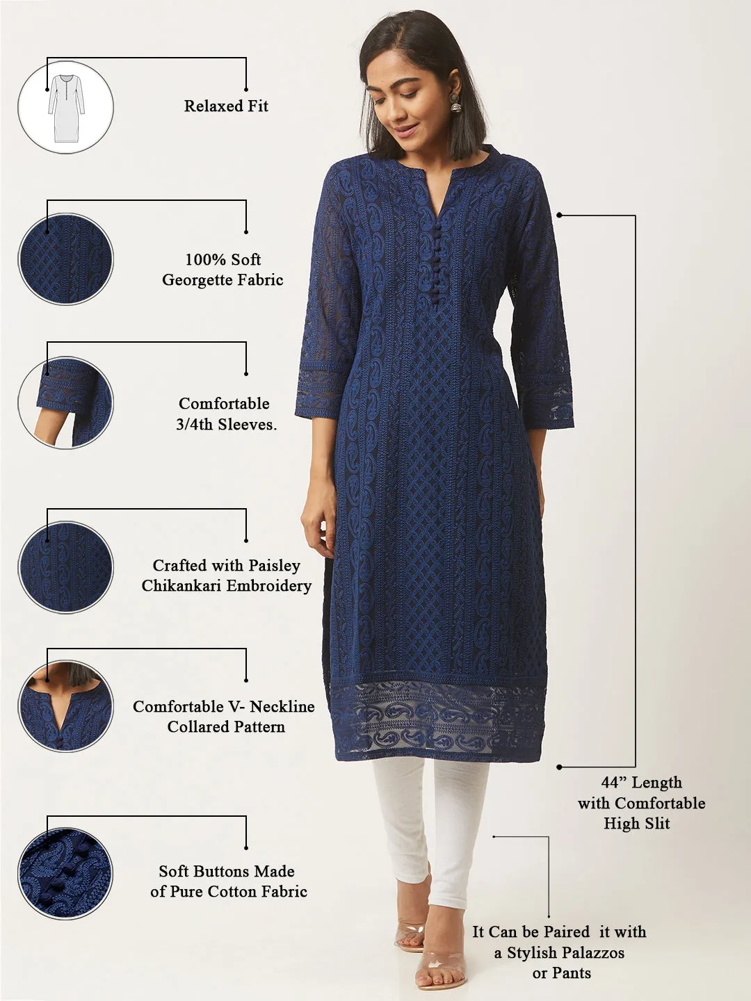 Navy Blue Chikankari Kurta - Paisley Embroidered Georgette Kurta For Women - ZOLA