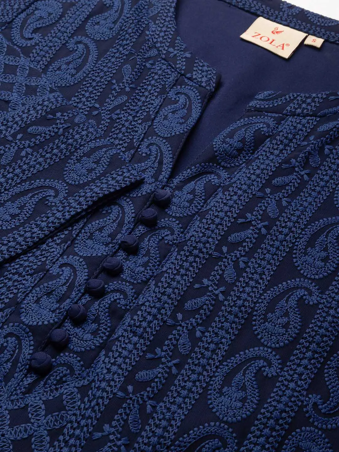 Navy Blue Chikankari Kurta - Paisley Embroidered Georgette Kurta For Women - ZOLA