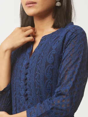 Navy Blue Chikankari Kurta - Paisley Embroidered Georgette Kurta For Women - ZOLA