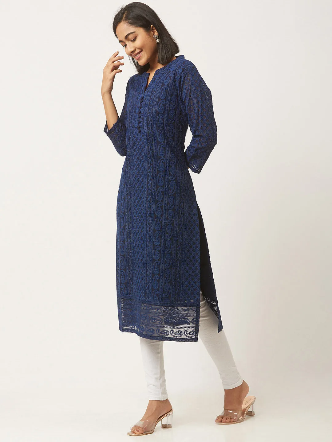 Navy Blue Chikankari Kurta - Paisley Embroidered Georgette Kurta For Women - ZOLA
