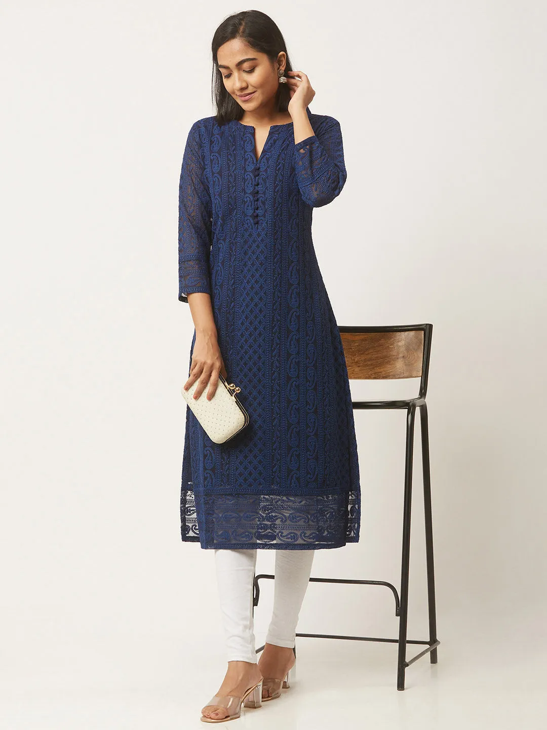 Navy Blue Chikankari Kurta - Paisley Embroidered Georgette Kurta For Women - ZOLA