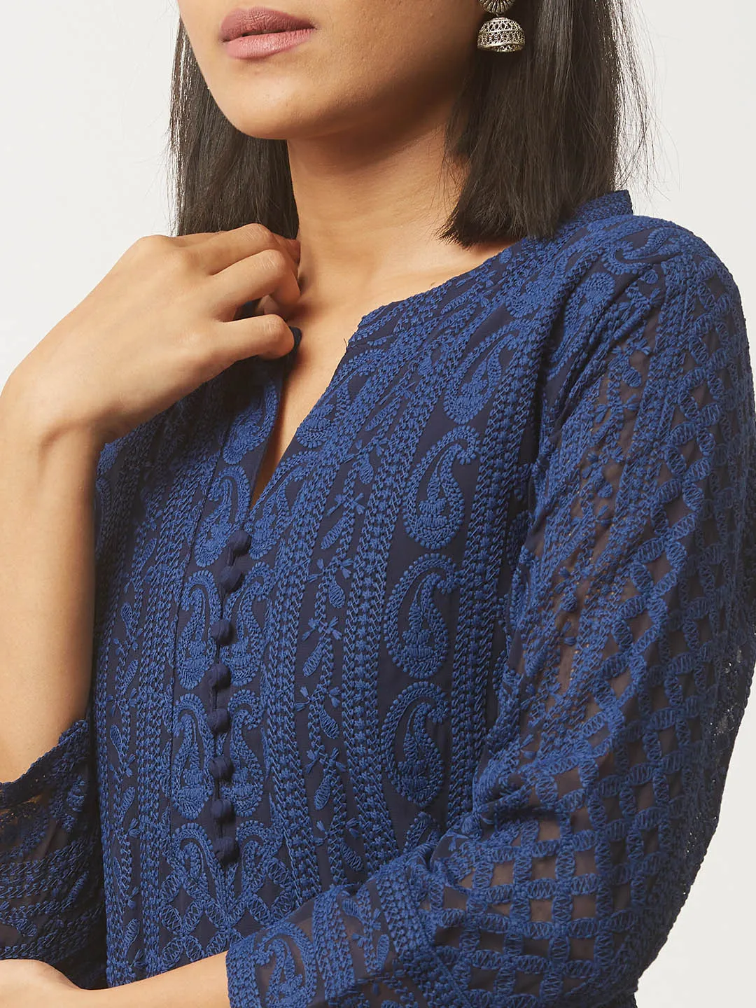 Navy Blue Chikankari Kurta - Paisley Embroidered Georgette Kurta For Women - ZOLA