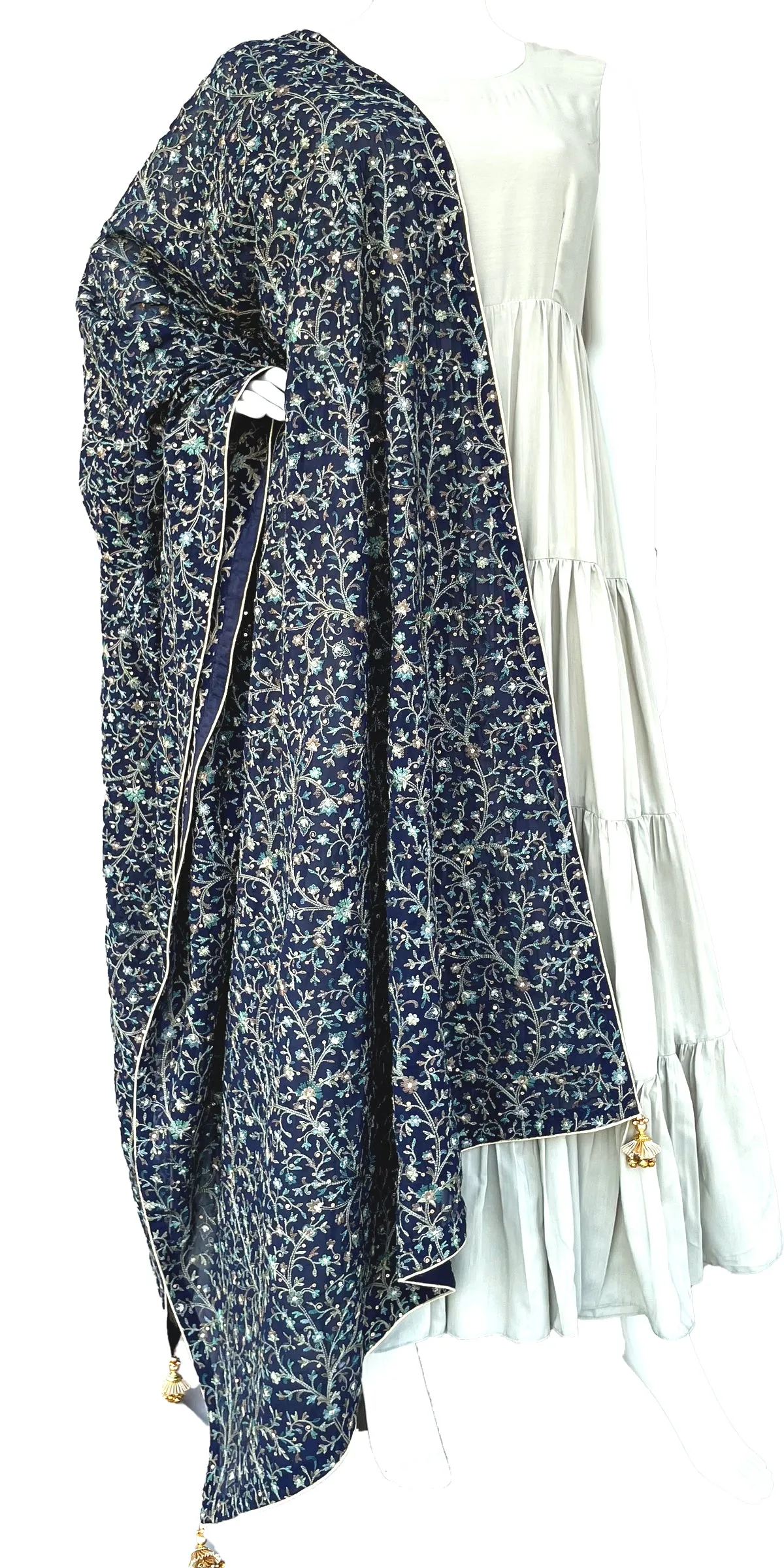 Navy Blue Kashmiri Embroidery Pure Georgette Dupatta with Zari Border and Fancy Tassels