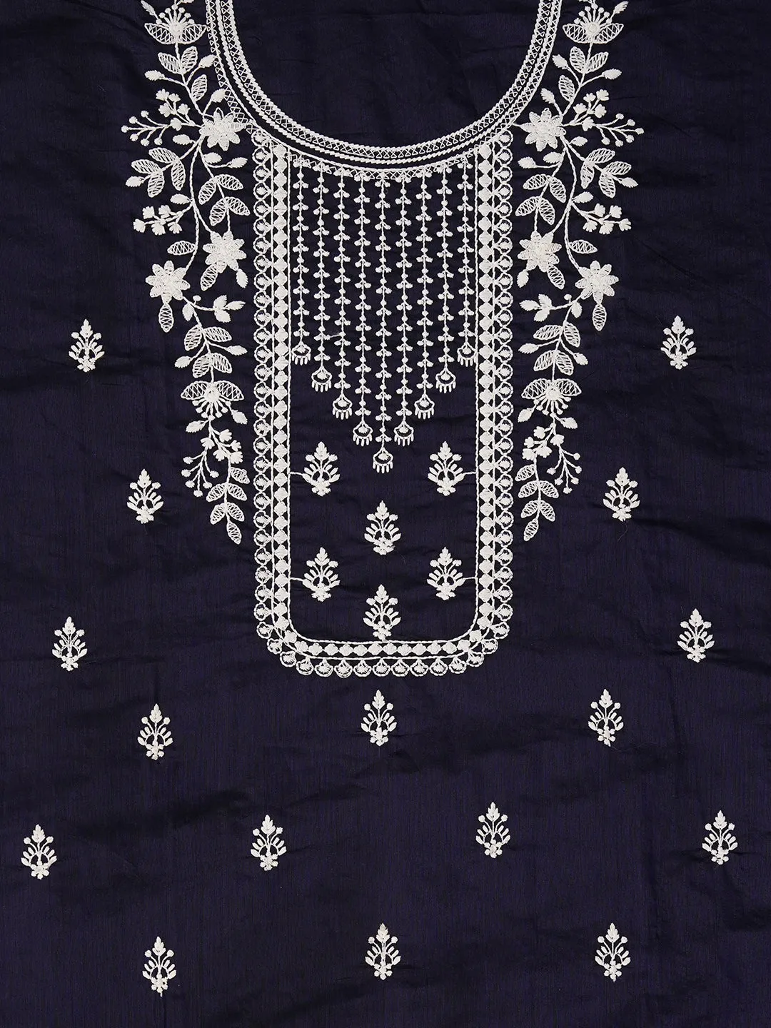 Navy Blue Unstitched Embroidered Cotton Blend Dress Material With Dupatta