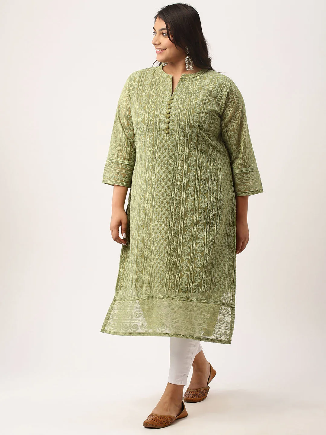 Olive Green Paisley Embroidered Georgette Lucknowi Chikankari Kurta For Women - ZOLA