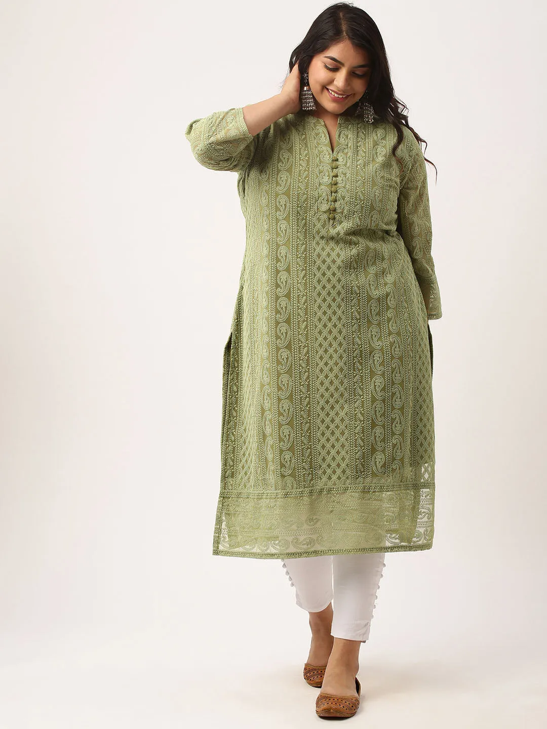 Olive Green Paisley Embroidered Georgette Lucknowi Chikankari Kurta For Women - ZOLA