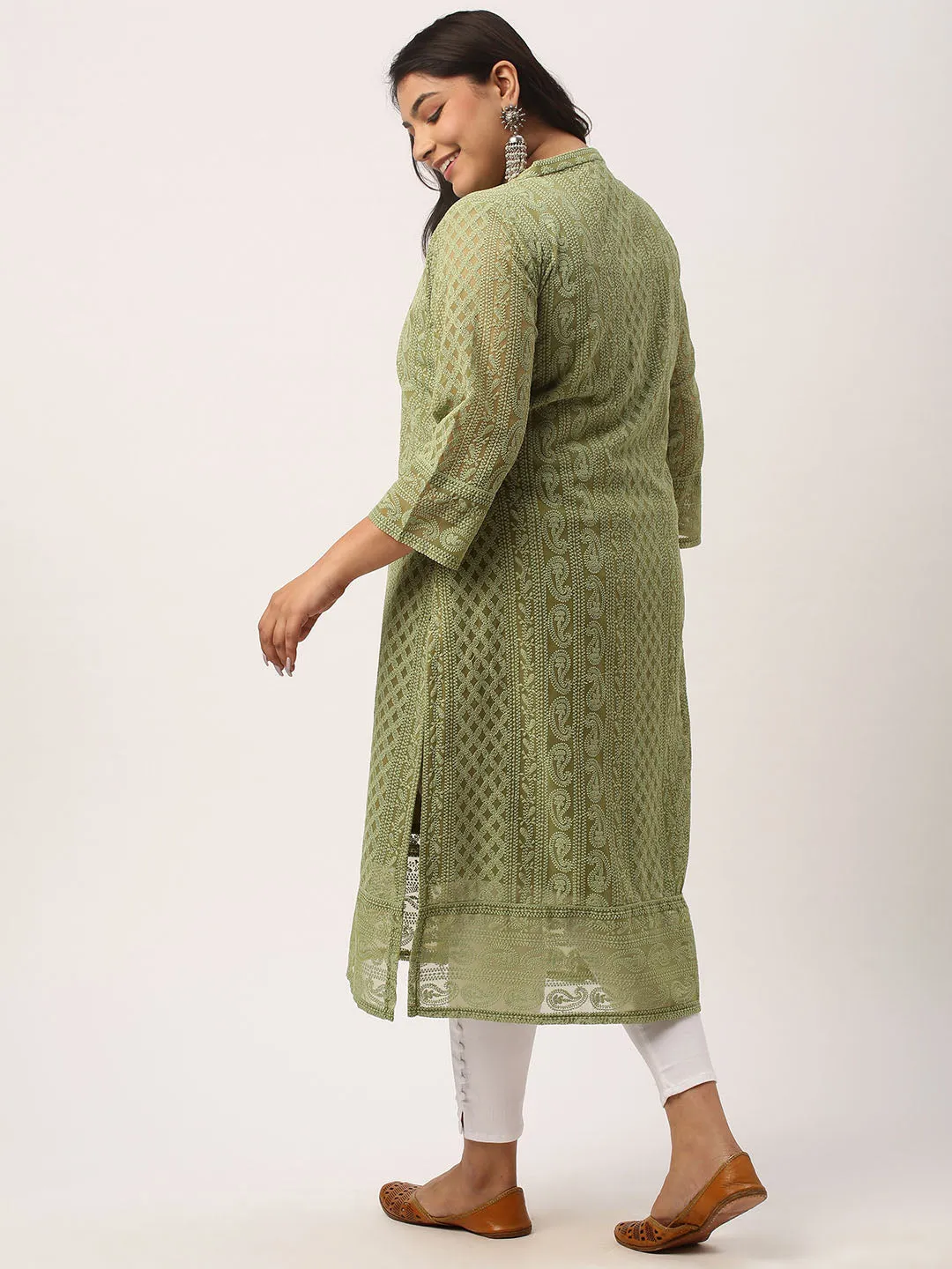 Olive Green Paisley Embroidered Georgette Lucknowi Chikankari Kurta For Women - ZOLA