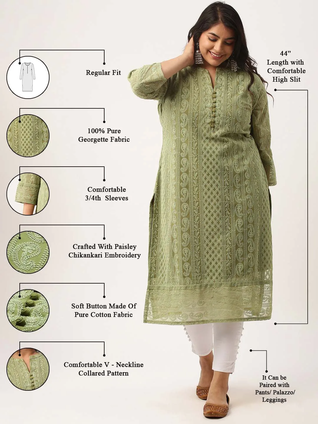 Olive Green Paisley Embroidered Georgette Lucknowi Chikankari Kurta For Women - ZOLA