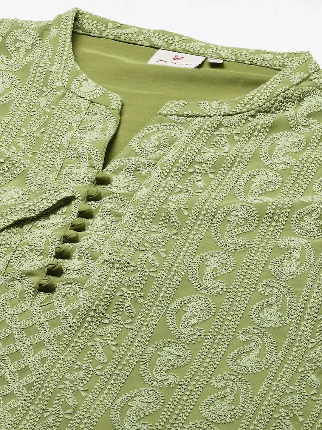 Olive Green Paisley Embroidered Georgette Lucknowi Chikankari Kurta For Women - ZOLA