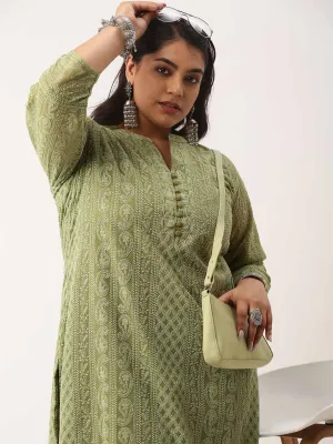 Olive Green Paisley Embroidered Georgette Lucknowi Chikankari Kurta For Women - ZOLA
