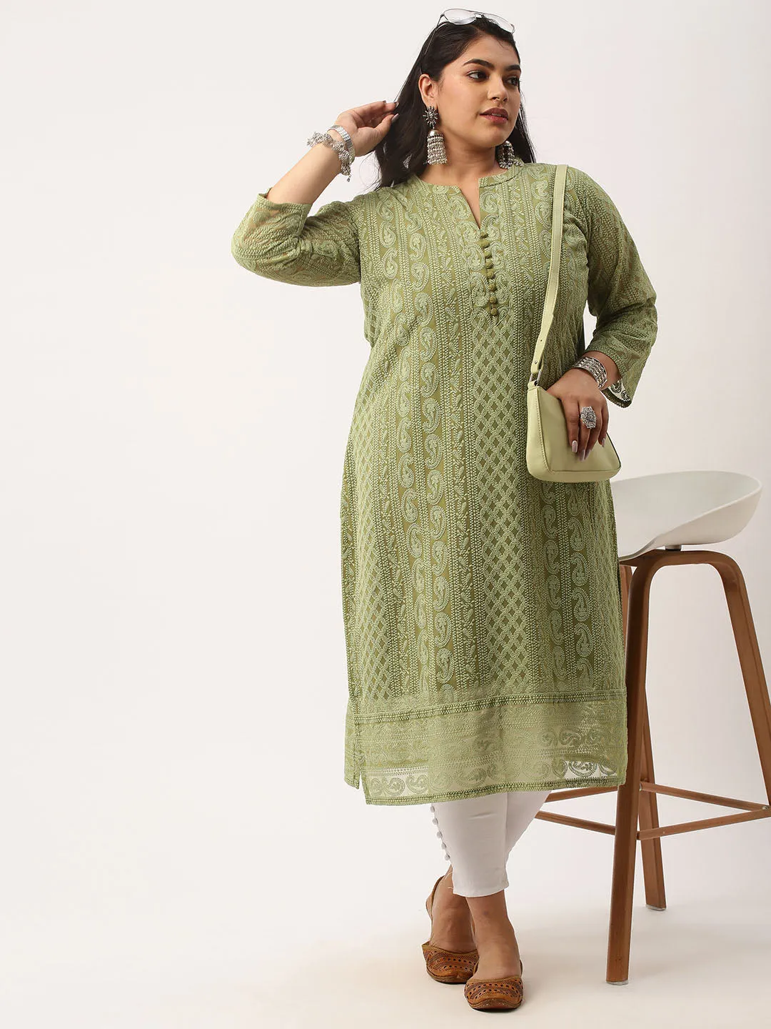 Olive Green Paisley Embroidered Georgette Lucknowi Chikankari Kurta For Women - ZOLA