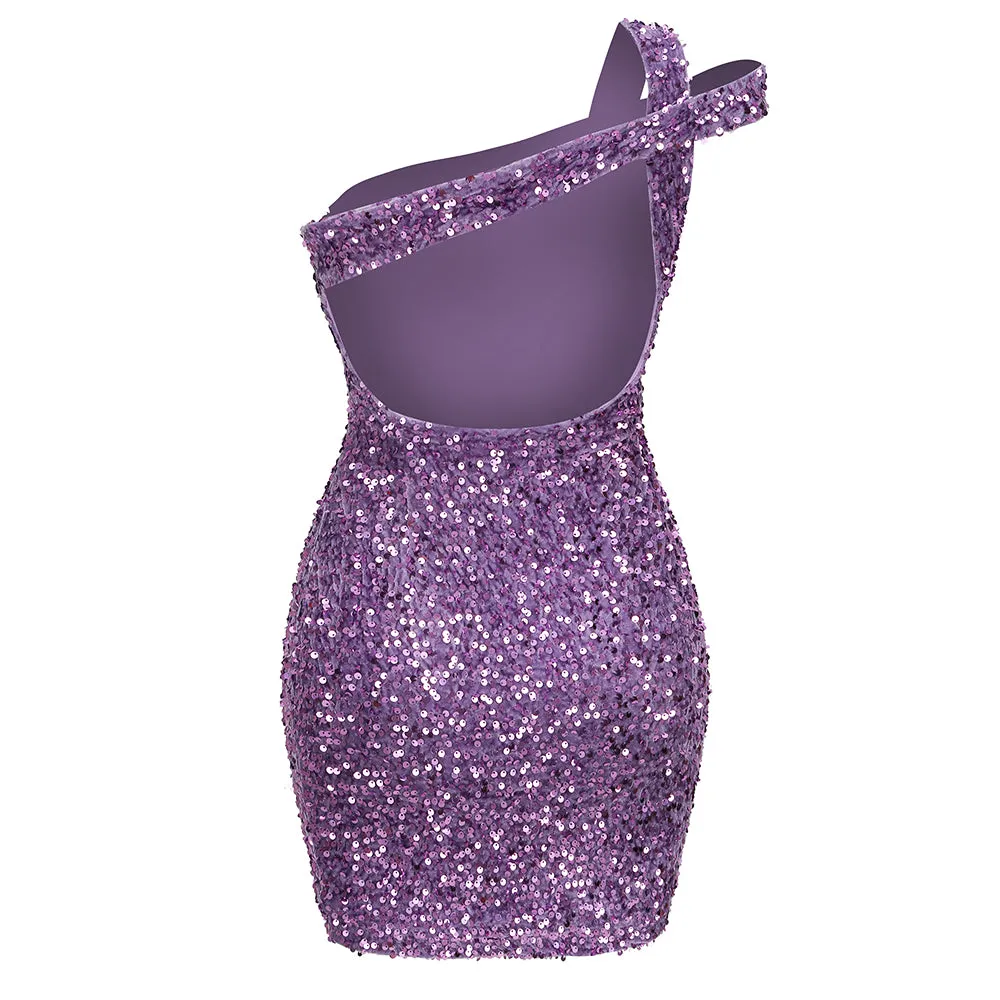 One Shoulder Sleeveless Mini Sequins Dress
