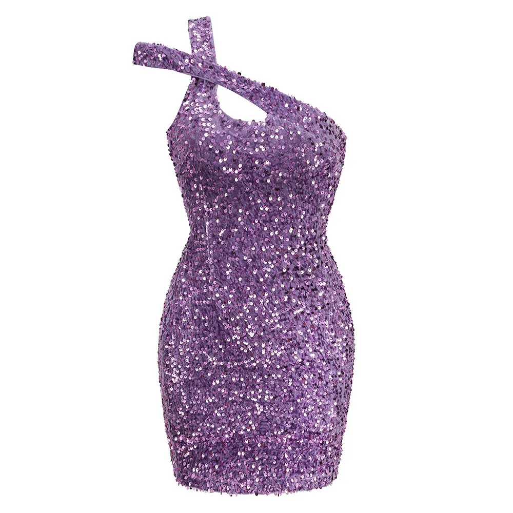 One Shoulder Sleeveless Mini Sequins Dress