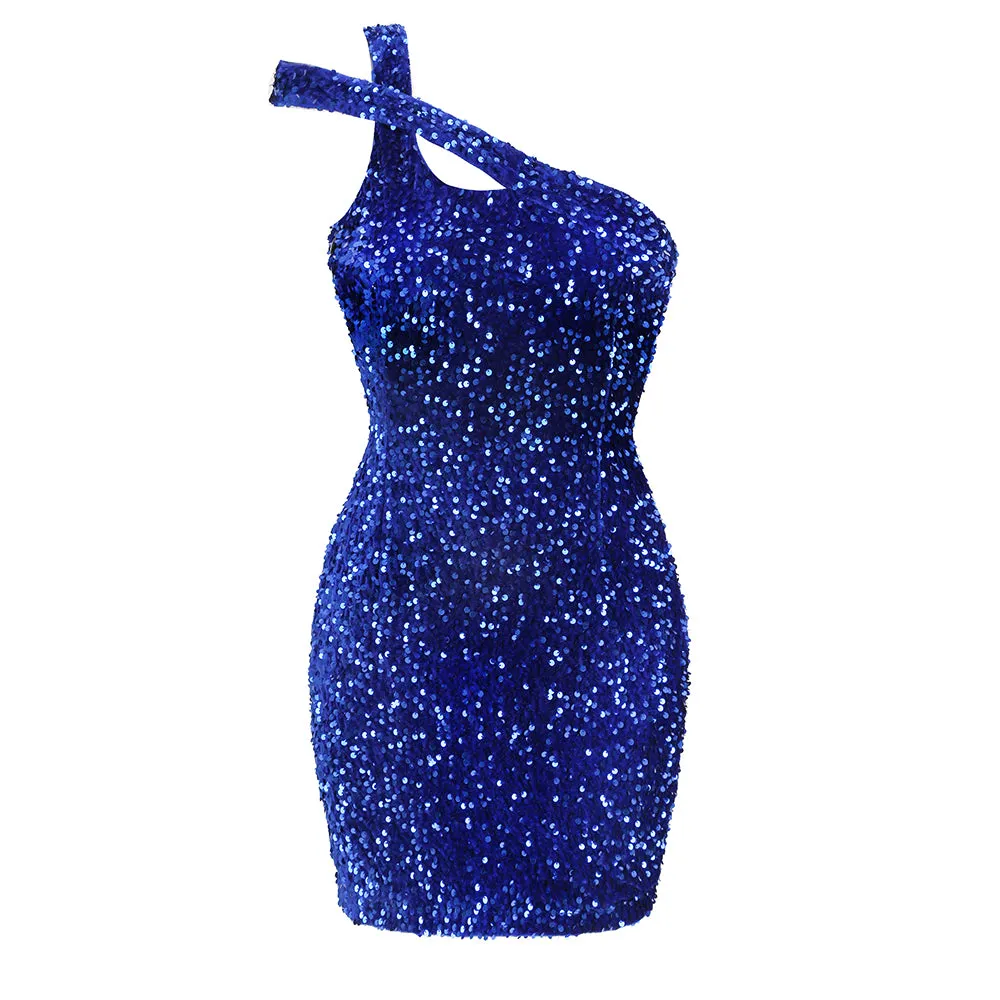 One Shoulder Sleeveless Mini Sequins Dress