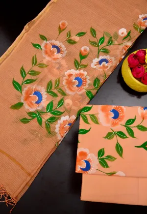 Orange Hand Painted Cotton Kota Doria Suit With Dupatta