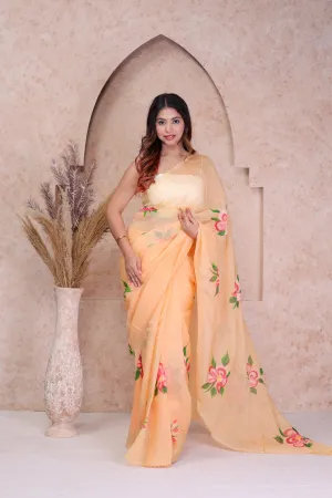 Organza Hand Painted Saree In Orange