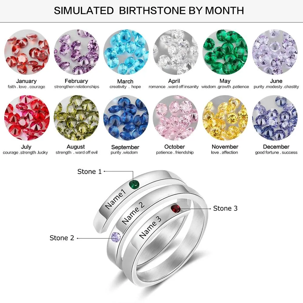Personalized Stainless Steel Rings for Women - Three Custom Names - Three Custom Birthstones