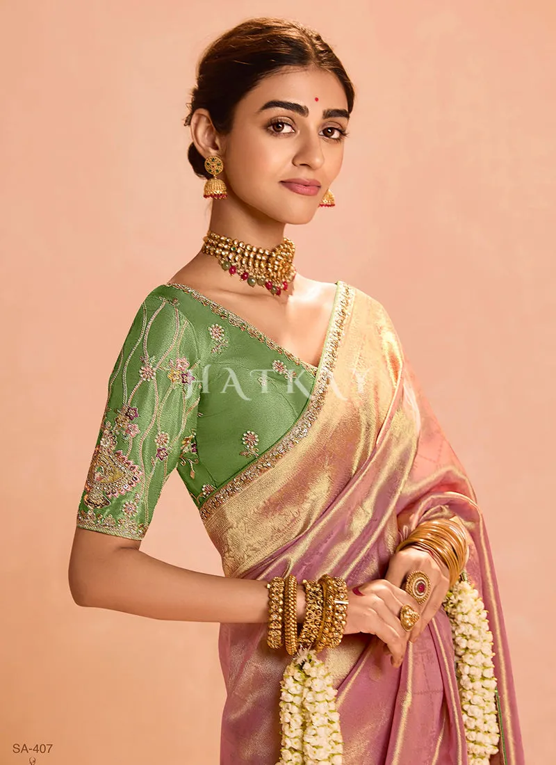 Pink And Green Embroidery Saree