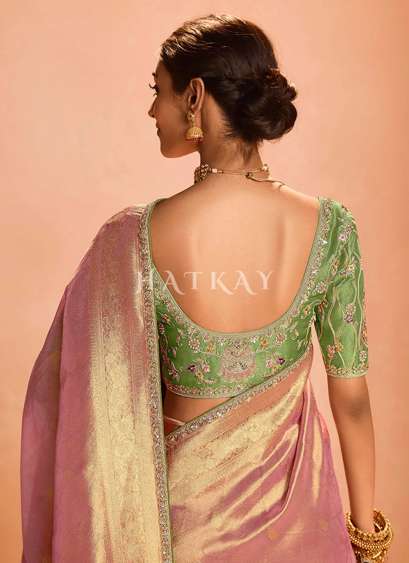 Pink And Green Embroidery Saree