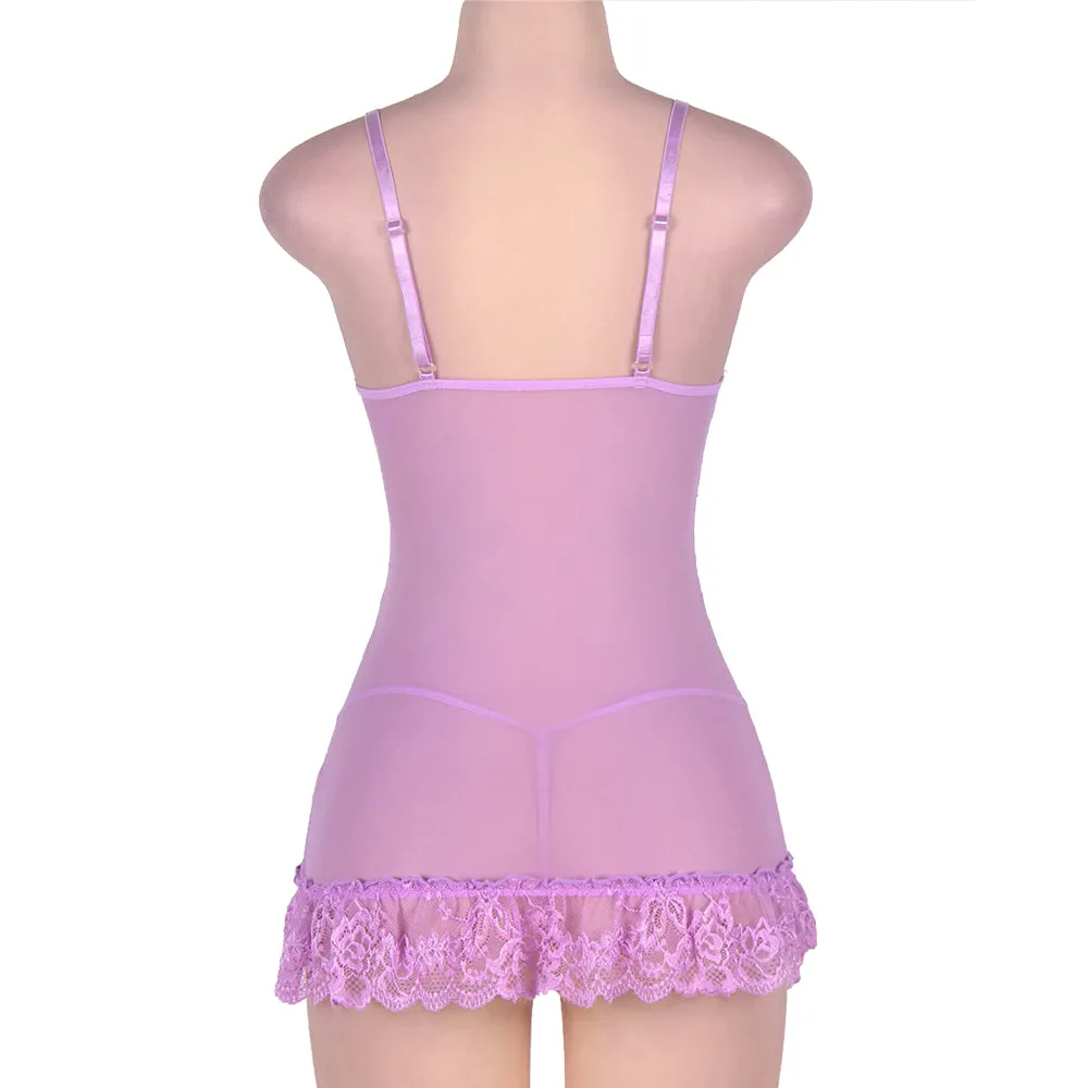 Plus Size White And Purple Embroidered Lace Cups Babydoll