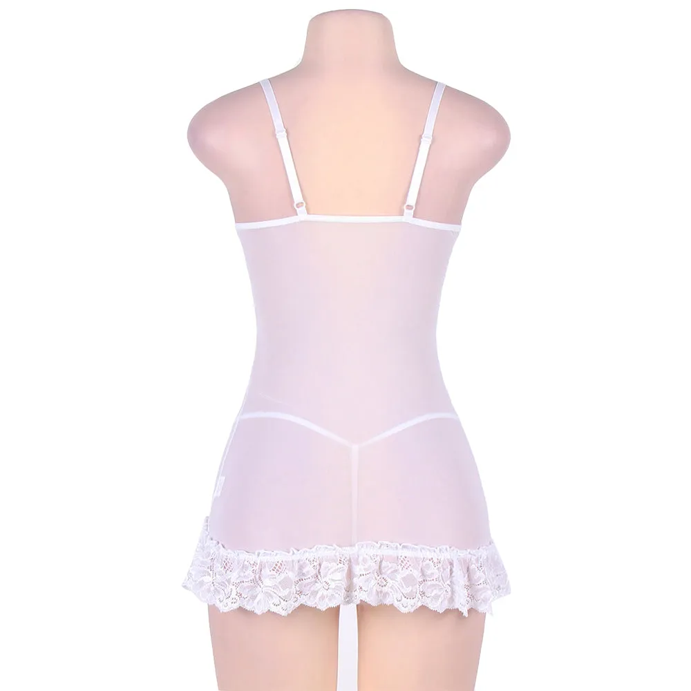 Plus Size White And Purple Embroidered Lace Cups Babydoll