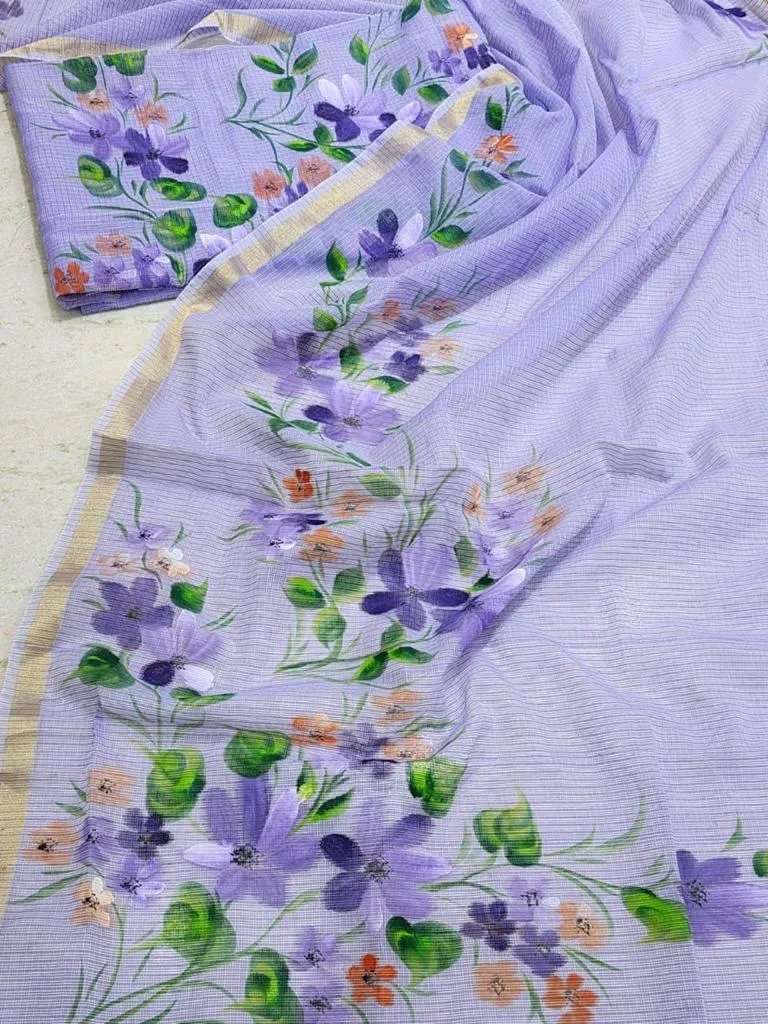 Purple Hand Painted Kota Doria Suit With Dupatta