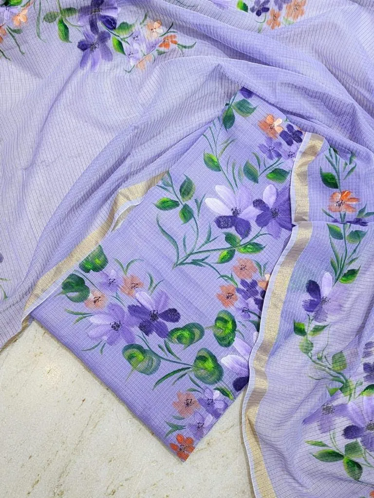 Purple Hand Painted Kota Doria Suit With Dupatta