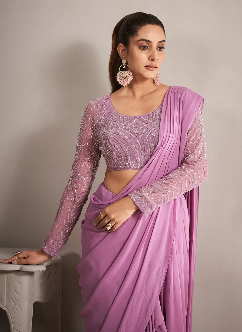 Purple Handwork Embroidery Designer Georgette Saree