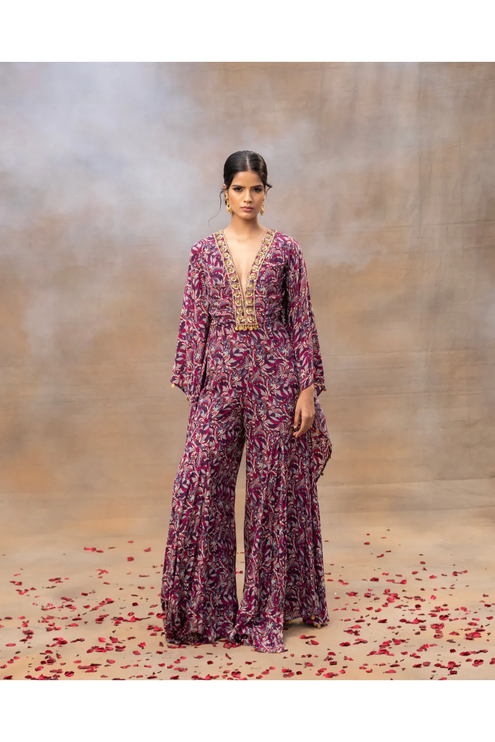 Purple Printed Embroidered Kaftan Jumpsuit