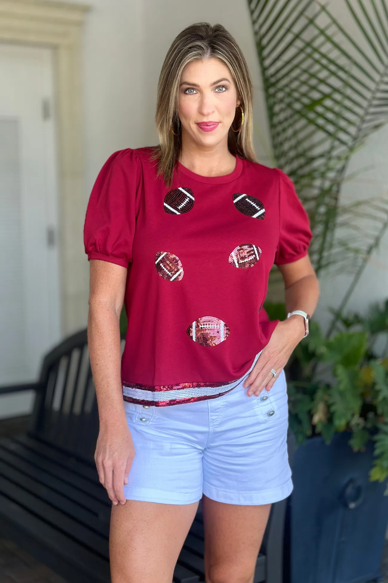 Ready To Tailgate Sequin Round Neck Top-Wine
