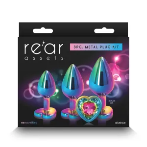 Rear Assets Trainer Kit - Multi Coloured Metallic Heart Butt Plugs with Rainbow Hearts - Set of 3 Sizes