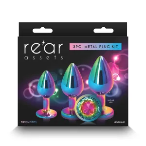 Rear Assets Trainer Kit Rainbow Coloured Metallic Butt Plugs with Rainbow Gems - Set of 3 Sizes