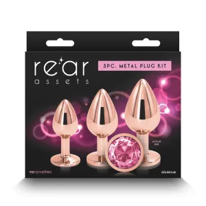 Rear Assets Trainer Kit Rose Gold Metallic Butt Plugs with Pink Gems - Set of 3 Sizes