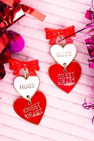 Red Ribbon Hugs Sweet Heart  Goldtone Earrings
