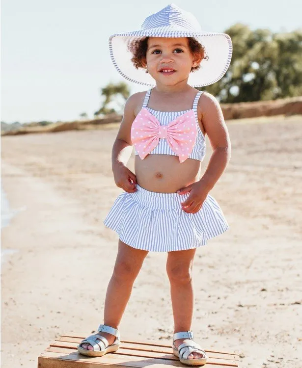 RuffleButts Periwinkle Blue Seersucker Bow Skirted Bikini