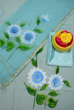 Sea Blue color Hand Painted Cotton Kota Doria Suit With Dupatta