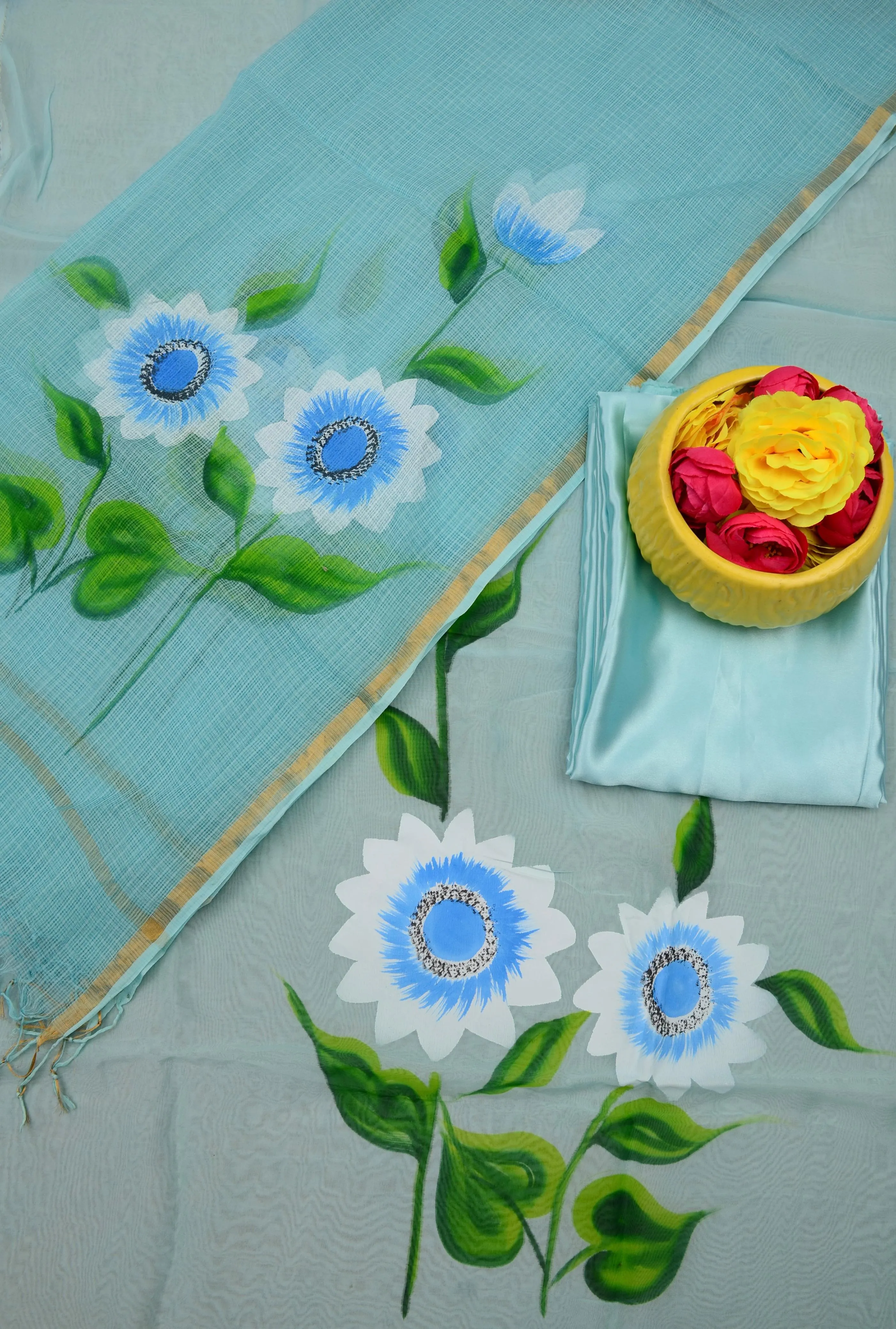 Sea Blue color Hand Painted Cotton Kota Doria Suit With Dupatta