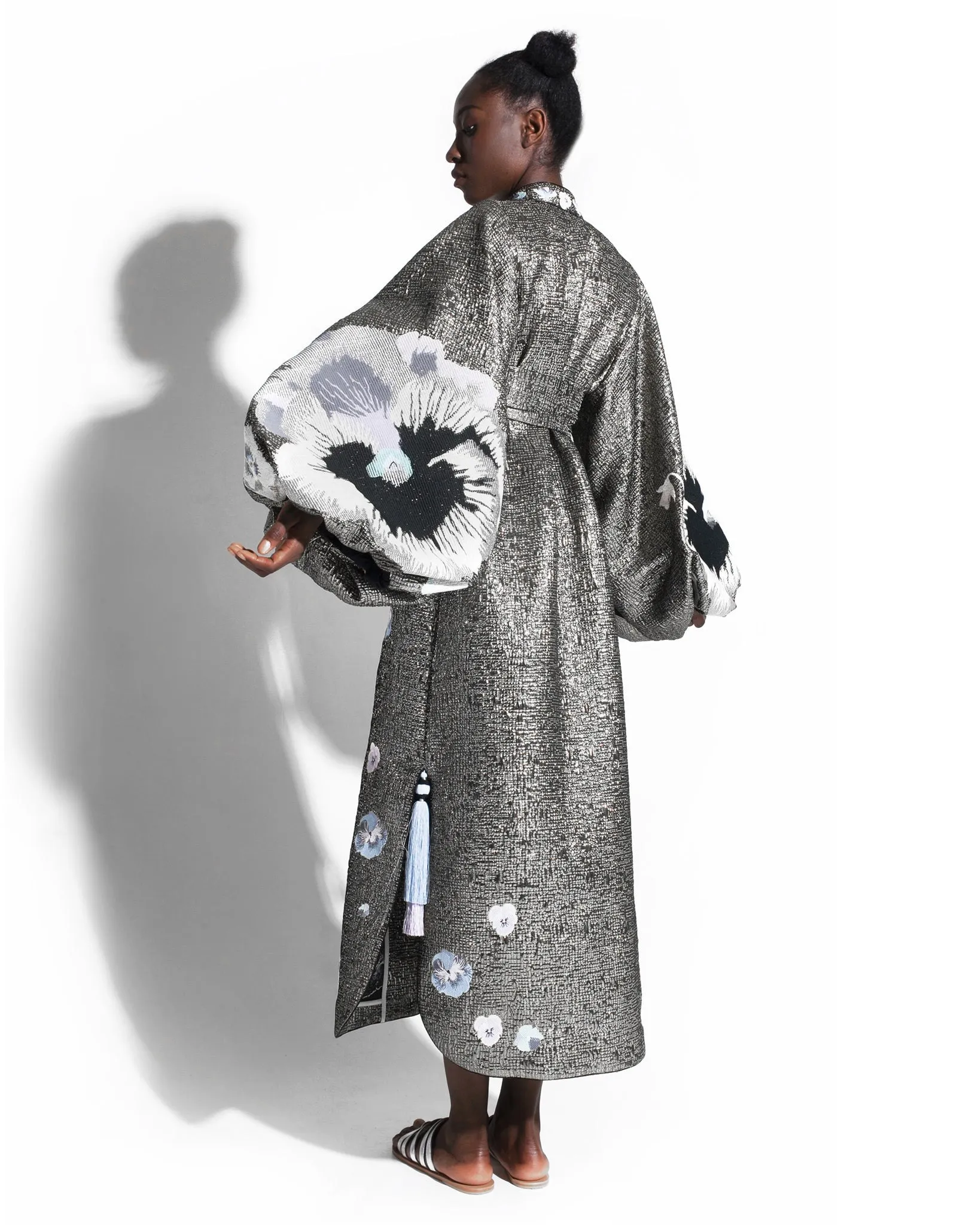 Silver embroidered dress with pansies