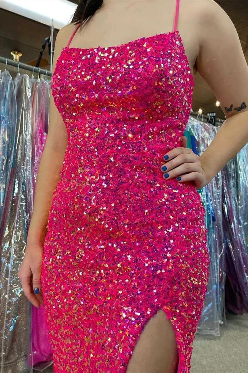 Simple Fuchsia Sequin Prom Dresses Long Gruaduation Dress UK