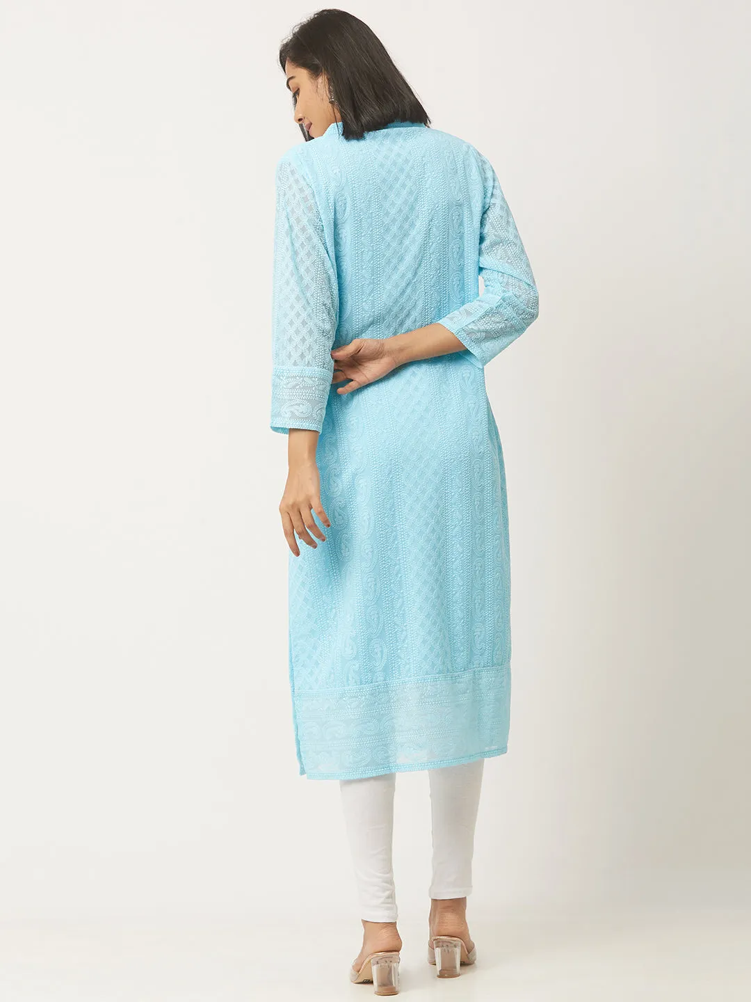 Sky Blue Paisley Embroidered Georgette Lucknowi Chikankari Kurta For Women - ZOLA