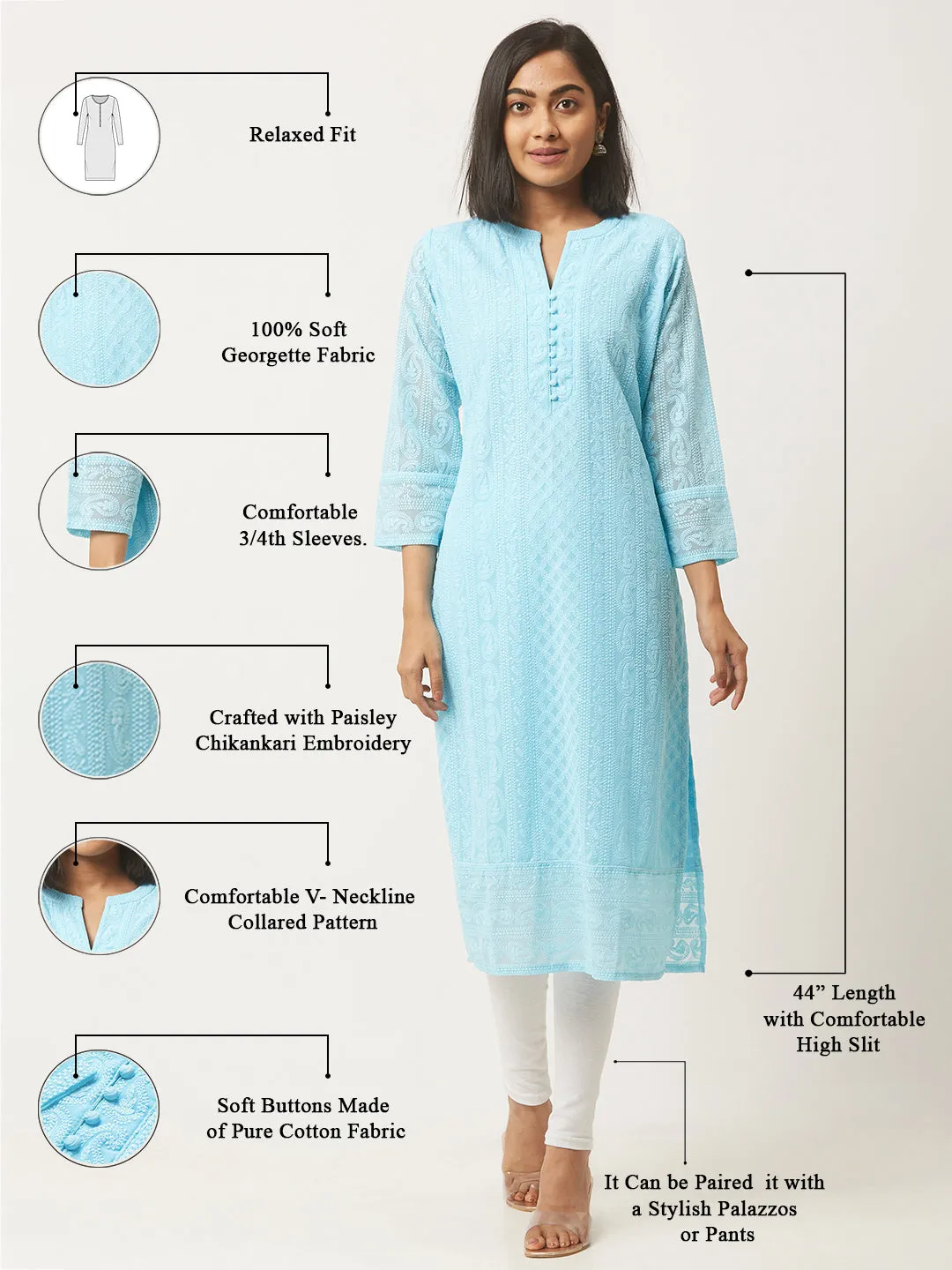 Sky Blue Paisley Embroidered Georgette Lucknowi Chikankari Kurta For Women - ZOLA