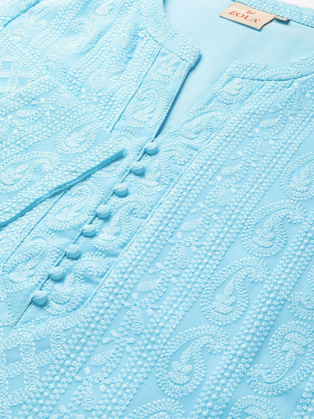 Sky Blue Paisley Embroidered Georgette Lucknowi Chikankari Kurta For Women - ZOLA