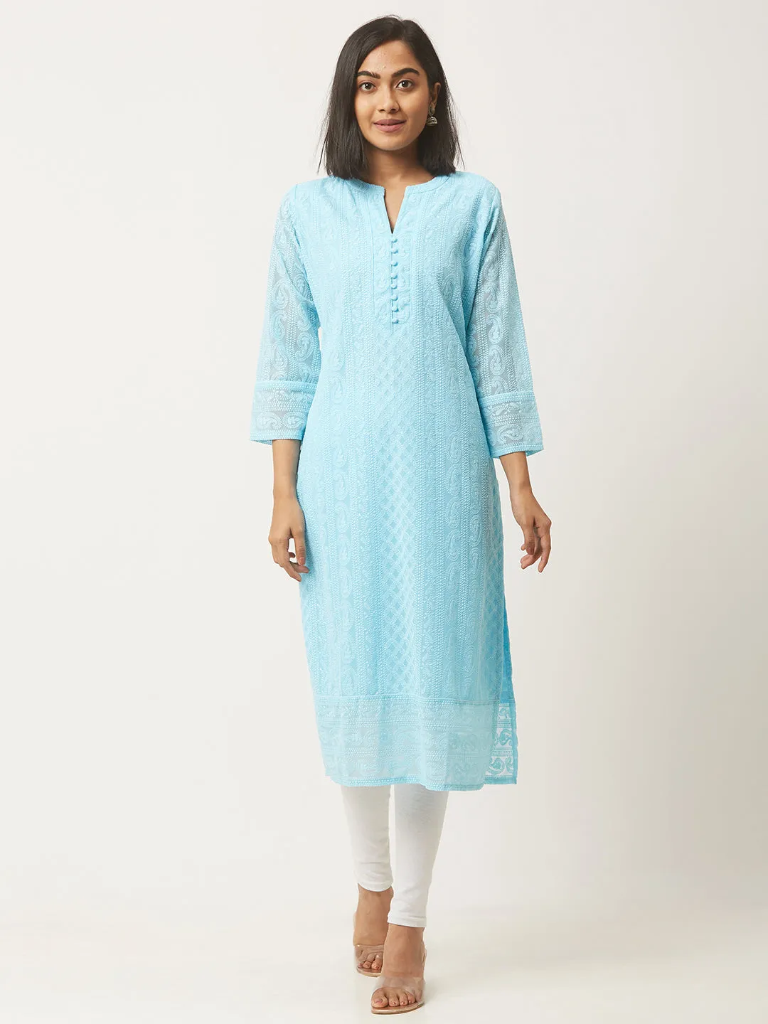 Sky Blue Paisley Embroidered Georgette Lucknowi Chikankari Kurta For Women - ZOLA