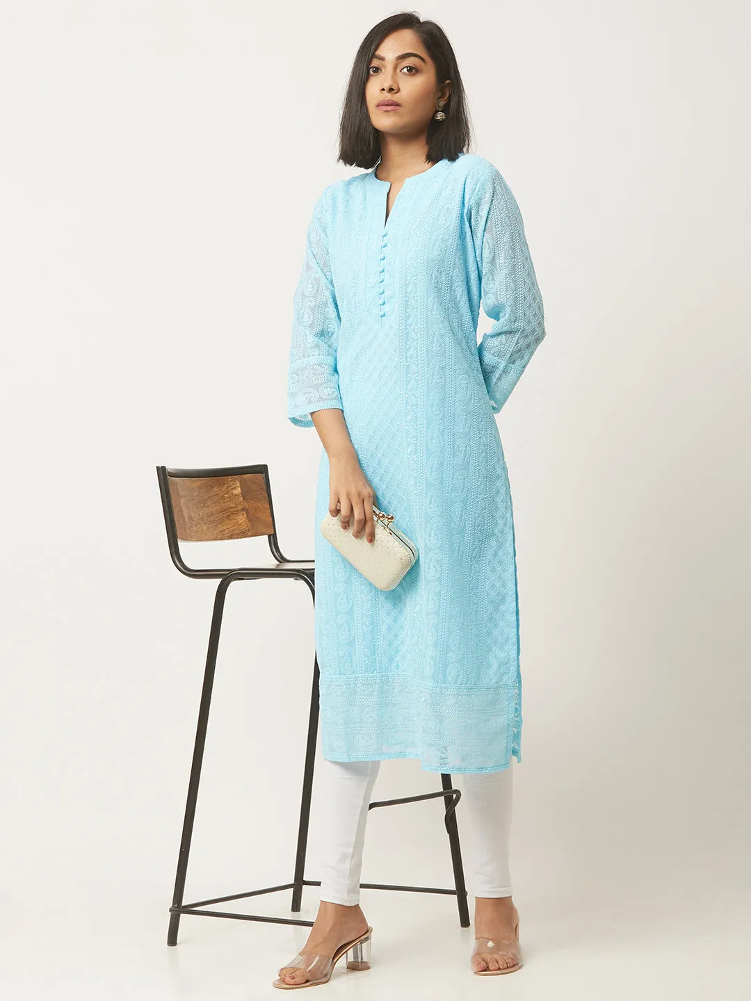Sky Blue Paisley Embroidered Georgette Lucknowi Chikankari Kurta For Women - ZOLA