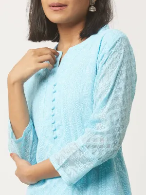 Sky Blue Paisley Embroidered Georgette Lucknowi Chikankari Kurta For Women - ZOLA