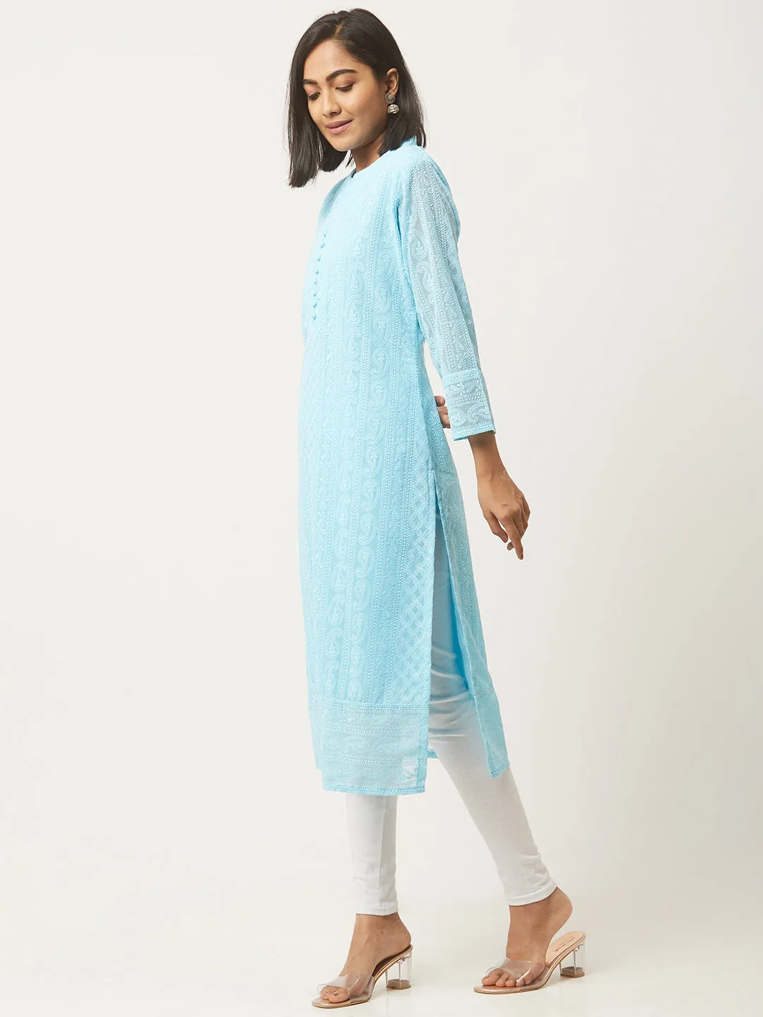 Sky Blue Paisley Embroidered Georgette Lucknowi Chikankari Kurta For Women - ZOLA