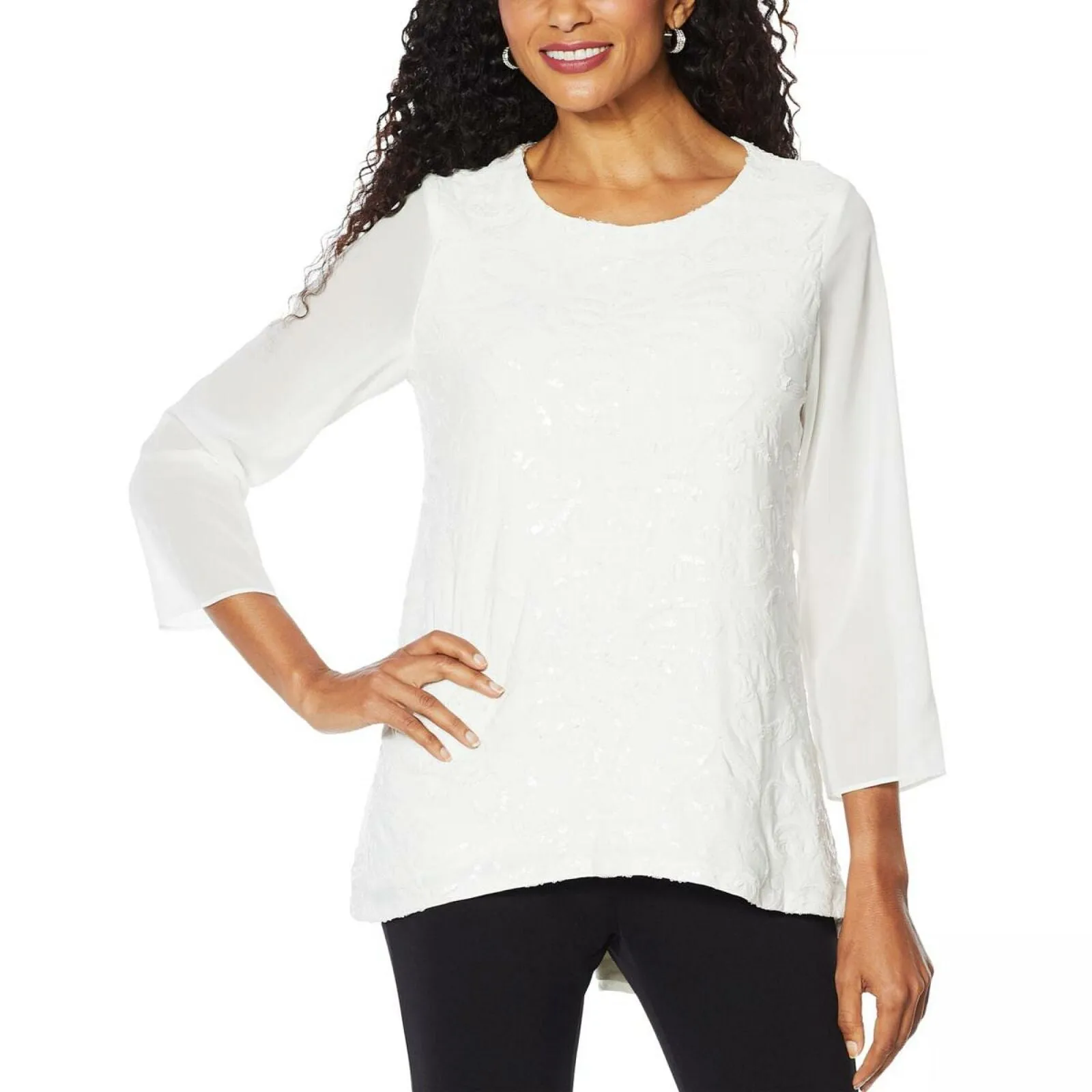 Slinky Brand 3/4-Sleeve Embroidered Sequin Tunic Blouse Ivory Large